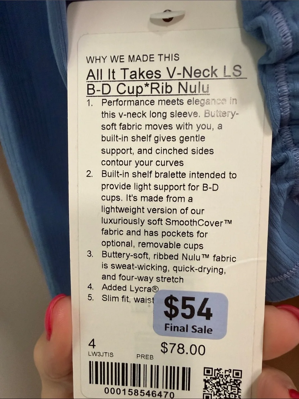 lululemon athletica NWT All It Takes V-Neck Long Sleeve B-D Cup Rib Nulu Sz 4